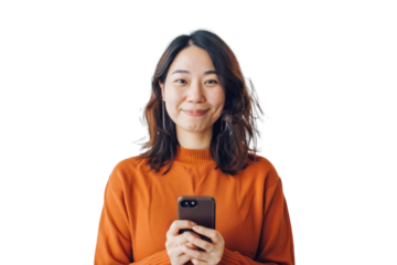 East Asian Woman with Smartphone Smiling