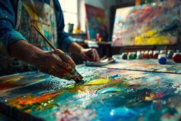 Obraz premium Artist's hand painting on canvas, colorful creativity in action, art studio background. soft focus,defocus