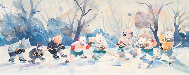 Cute animals playing hockey watercolor