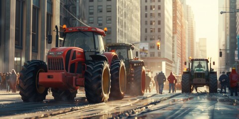 Farmers blocked traffic with tractors during a protest. Generative AI.