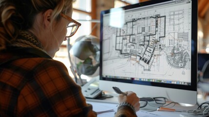 Over the Shoulder Shot of Engineer Working with CAD Software on Desktop Computer, Screen Shows Technical Drafts and Drawings. In the Background Engineering Facility Specialising on Industrial Design