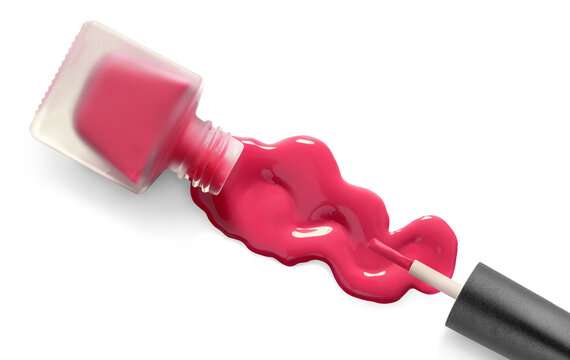 Color nail polish and brush on a white background