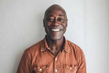 smile black man in family tone. Happy black male in everyday wear on white background.