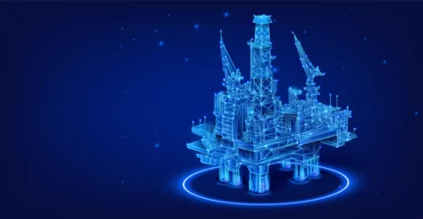Gordijnen Luminous Offshore Oil Rig: Energy Industry's Future. Futuristic 3D render of an offshore oil platform with radiant blue lights, symbolizing advanced energy extraction. Gas platform. Oil rig. Vector © ZinetroN