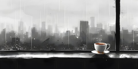 Solitary Coffee Cup on Window Sill Overlooking Rainy City Skyline Moment of Contemplation and Reflection