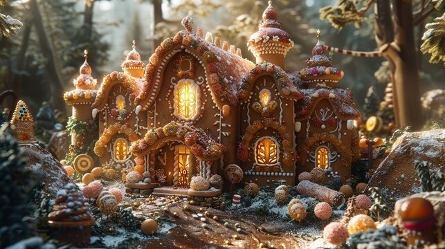 A 3D-rendered ancient temple made of gingerbread adorned with icing and candy jewels