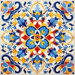 Fototapeta na wymiar Elegant Spanish Majolica Tiles with Intricate Floral and Geometric Designs in Cobalt Blue, Sunny Yellow, and Warm Red