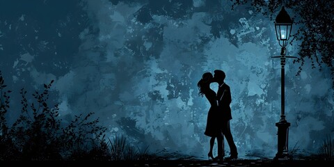 Lovers Silhouettes Intertwine under the Glow of a Streetlamp in the Romantic Urban Nightscape