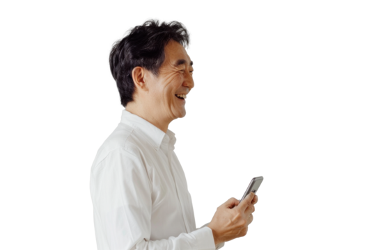 East Asian Man Smiling with Smartphone