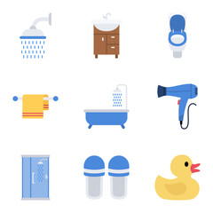 Bathroom line icon set for taking a shower, taking a bath, and general hygiene.