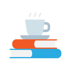 Stack of books with a cup of hot coffee or tea. Books pile and hot drink cup.