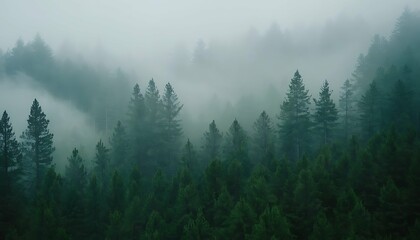 Mystical landscape of rolling hills covered in a thick pine forest. Wispy fog hangs low in the valleys, creating a sense of mystery. Bird's perspective