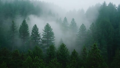Mystical landscape of rolling hills covered in a thick pine forest. Wispy fog hangs low in the...