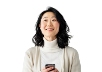 East Asian Woman with Phone, Looking Upward