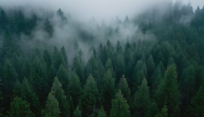 Mystical landscape of rolling hills covered in a thick pine forest. Wispy fog hangs low in the valleys, creating a sense of mystery. Aerial perspective