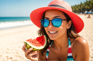woman with watermelon at the beach