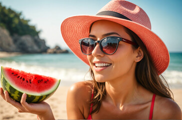 woman with watermelon at the beach