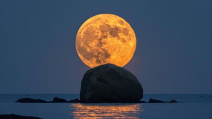 yellowish full moon seen from an island