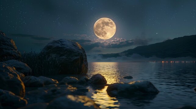 beautiful full moon seen from a lake on an island in high resolution and high quality