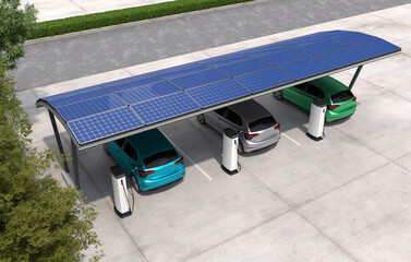 Electric cars are being charged in vehicle parking with solar panel energy, EV Charging Station, Clean energy filling technology. 3D illustration
