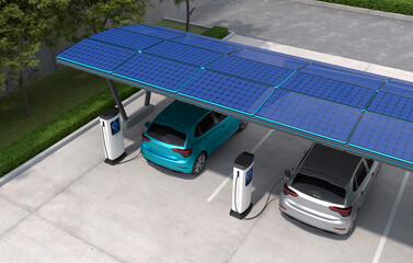 Electric cars are being charged in vehicle parking with solar panel energy, EV Charging Station, Clean energy filling technology. 3D illustration - obrazy, fototapety, plakaty