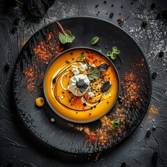 Pumpkin Cream Soup with Ricotta Cheese Mousse, Molecular Italian Dish with Stylish Decorations