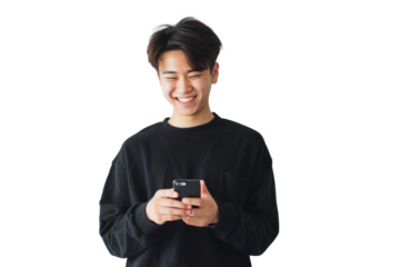 Smiling East Asian Man Using Smartphone