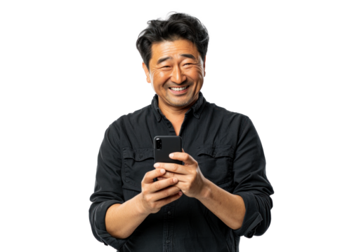 East Asian Man Smiling with Phone