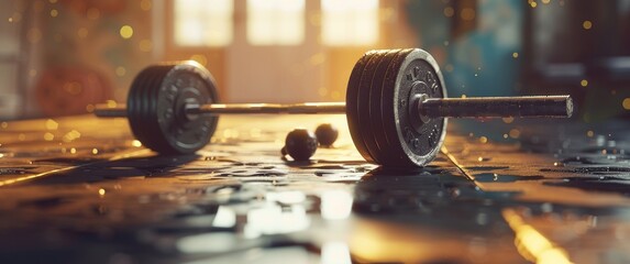 A barbell is lying on the floor of an old gym, illuminated by sunlight from large windows.