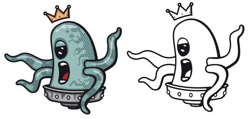 alien con tentáculos y corona en una nave espacial  - obrazy, fototapety, plakaty