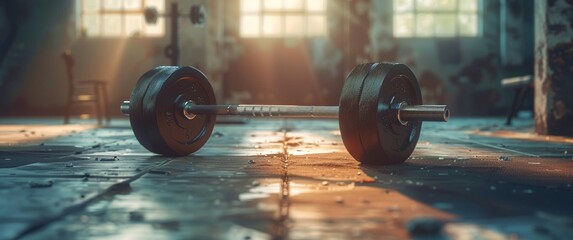 A barbell is lying on the floor of an old gym, illuminated by sunlight from large windows.