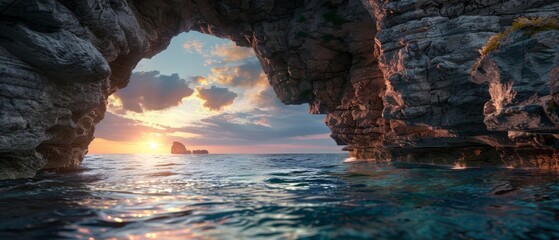 Natural Rock Arches in Ocean, Stone Arches Sunset View, Fantastic Coastline Landscape, Ocean Arches - obrazy, fototapety, plakaty