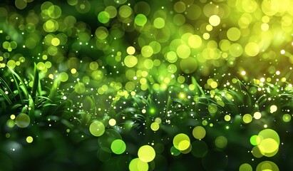 Enchanted green forest glimmer with sparkling lights - obrazy, fototapety, plakaty
