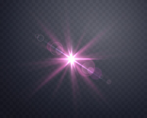Sunlight lens flare, sun flash with rays and spotlight. Pink glowing burst explosion on a transparent background. Vector illustration.