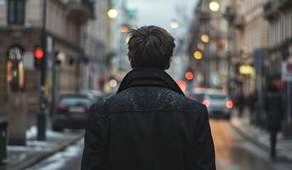 Man walking through urban street on a rainy day