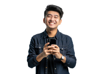 Young Asian Man Happy Looking at Smartphone