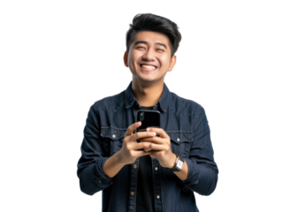 Young Asian Man Happy Looking at Smartphone
