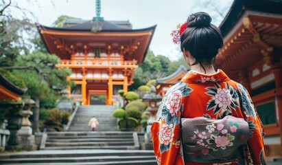 Fototapeta premium Elegant kimono-clad woman exploring traditional temple