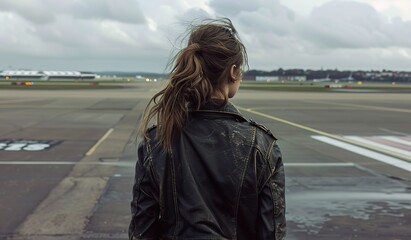 Woman gazing at airport runway amidst travel