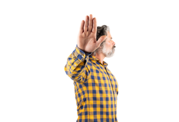 Middle age man wearing casual clothes makes a stop gesture with sad and afraid expression. shameful and negative concept.