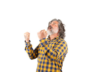 Success, victory and luck concept: happy and excited man shouting and showing raised fists on white background