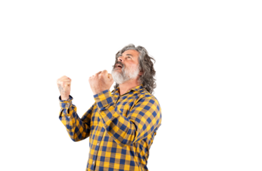 Success, victory and luck concept: happy and excited man shouting and showing raised fists on white background