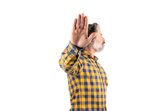 Middle age man wearing casual clothes makes a stop gesture with sad and afraid expression. shameful and negative concept.