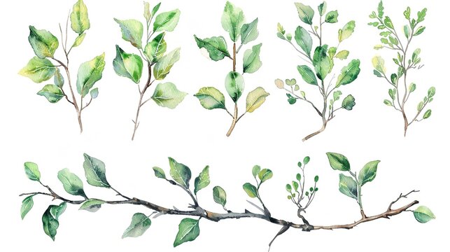 An assortment of biological graphic illustrations with an array of green tree branches rendered in watercolor over a white backdrop and space, Generative AI.