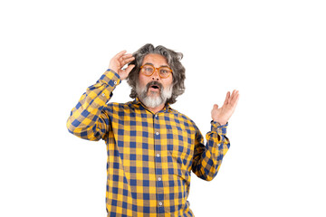 Middle-aged man with glasses and amazed face. Mid shot. White background.