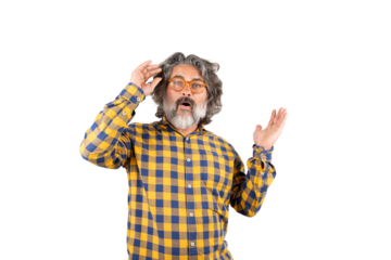 Middle-aged man with glasses and amazed face. Mid shot. White background.