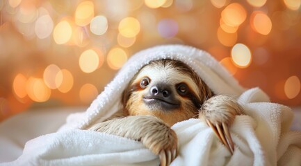 Fototapeta premium A cute smiling sloth in a white towel is lying on the bed, in a warm and cozy home background