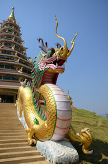 Sculpture chinese dragon statue for thai people travelers entrance travel visit stupa chedi and china pagoda in Wat Huay Pla Kang temple  at Chiangrai city on February 24, 2015 in Chiang Rai, Thailand