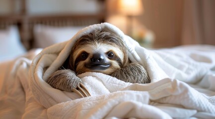 Fototapeta premium A cute smiling sloth in a white towel is lying on the bed, in a warm and cozy home background