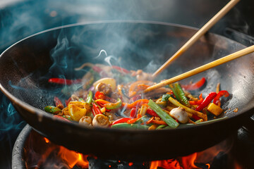 Asian cuisine dish, vegetables, mushrooms and beans are cooked in a wok pan on fire. National Chinese dish. Generative AI